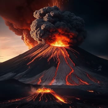 volcano eruption with massive high bursts of lava and hot clouds soaring high into the sky, pyroclastic flow in asia krakatoa AI Generative, krakatoa