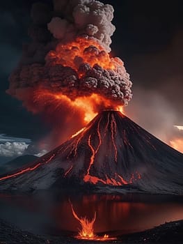volcano eruption with massive high bursts of lava and hot clouds soaring high into the sky, pyroclastic flow in asia krakatoa AI Generative, krakatoa