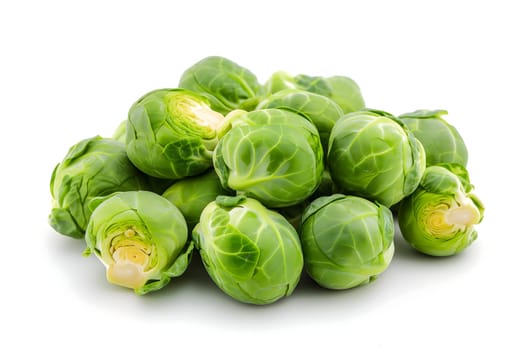 Small heap of brussels sprouts on white background. Neural network generated image. Not based on any actual scene or pattern.