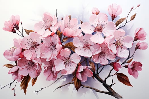 watercolor sakura flowers on a white, aesthetic background. Ai generative art