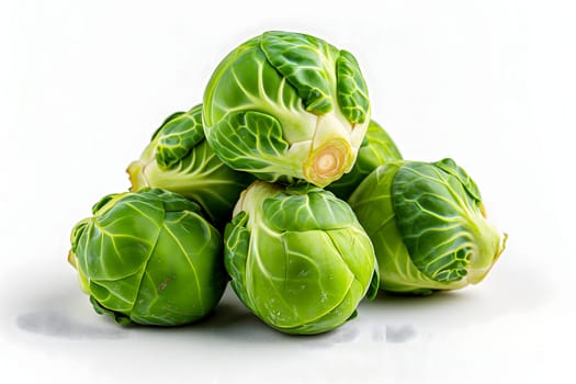 Small heap of brussels sprouts on white background. Neural network generated image. Not based on any actual scene or pattern.