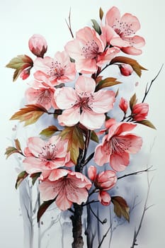 watercolor sakura flowers on a white, aesthetic background. Ai generative art