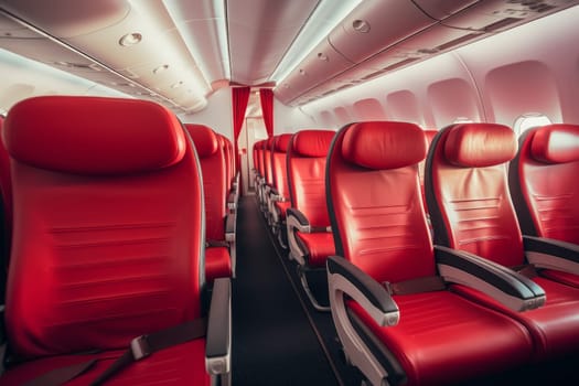 Deserted Empty aircraft red interior. Inside cabin. Generate Ai