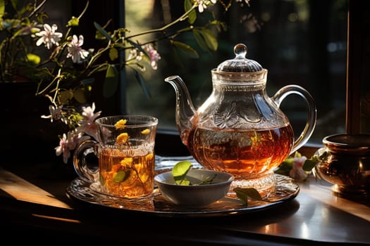 Tea ceremony, teapot and cups, nature morning light background