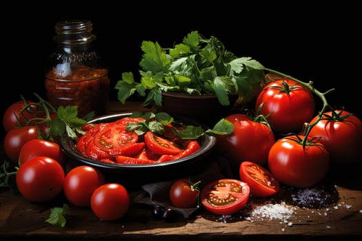 Tomato sauce with specialists. Table with jar of tomato paste served and richly painted illustration