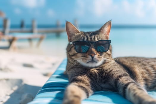 tabby cat with sunglasses laid on tropical beach, vacation theme. Neural network generated image. Not based on any actual person or scene.