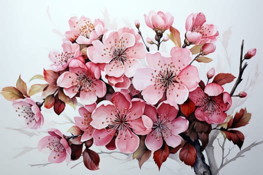 watercolor sakura flowers on a white, aesthetic background. Ai generative art