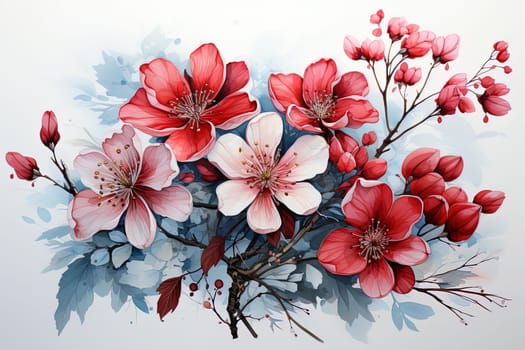watercolor sakura flowers on a white, aesthetic background. Ai generative art