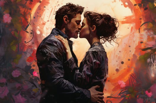 Romantic Man and woman kissing. Person love. Fictional person. Generate Ai