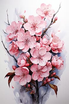 watercolor sakura flowers on a white, aesthetic background. Ai generative art