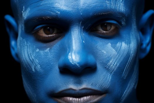 Man blue skin face. Skin face yoga. Fictional person. Generate Ai
