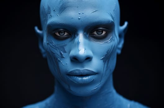 Unusual Man blue skin face. Skin face yoga. Fictional person. Generate Ai