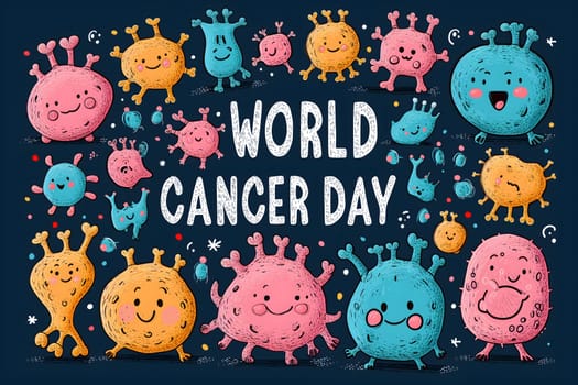 Simple cartoon world cancer day background with the inscription on it, surrounded with colorful happy tumors. Neural network generated image. Not based on any actual scene or pattern.