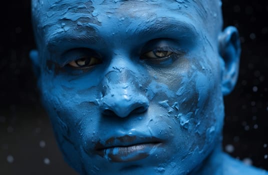 Intriguing Man blue skin face. Skin face yoga. Fictional person. Generate Ai