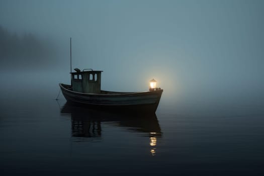 Man boat foggy. Fog vacation. Generate Ai