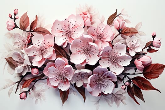 watercolor sakura flowers on a white, aesthetic background. Ai generative art