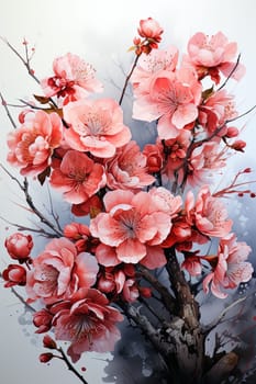 watercolor sakura flowers on a white, aesthetic background. Ai generative art