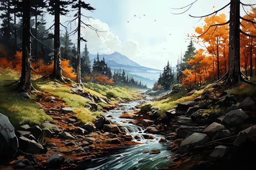 Autumn watercolor landscape background. Ai art