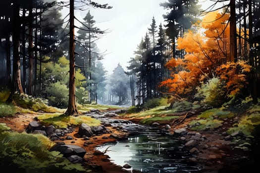 Autumn watercolor landscape background. Ai art