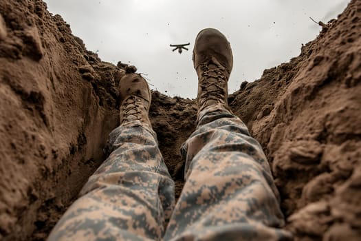 Fallen soldier legs laying on the dirt with flying drone in the sky above. Neural network generated image. Not based on any actual scene or pattern.