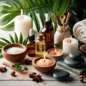 Spa composition. Burning candles, green plants, towels, stones, oils, aromatic salts and other cosmetics on a white wooden table. AI generated