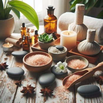 Spa composition. Burning candles, green plants, towels, stones, oils, aromatic salts and other cosmetics on a white wooden table against the background of blurred window. AI generated