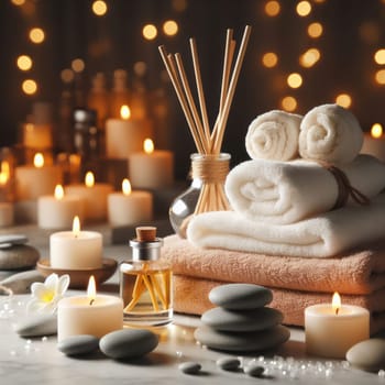 Spa composition. Towels, stones, reed air freshener and many burning candles on a white marble table against a background of blurry light. AI generated