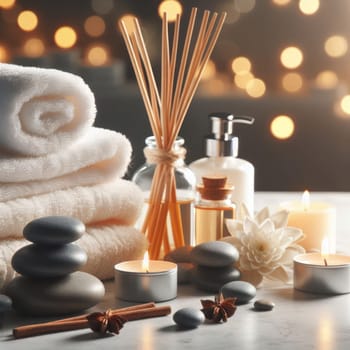 Spa composition. Towels, stones, reed air freshener and burning candles on a white marble table against a background of blurred light. AI generated