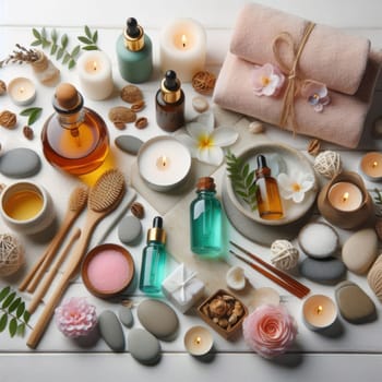 Spa composition flat lay. Towels, burning candles, stones, oils, brushes and other cosmetic treats on a white wooden table. AI generated