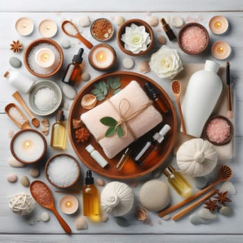 Spa composition flat lay. Burning candles, towels, stones, oils, aromatic salts and other cosmetics on a white wooden table. AI generated
