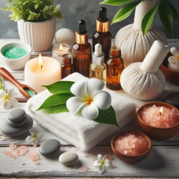 Spa composition. Green plants, towels, stones, burning candles, oils, aromatic salts and other cosmetics on a white wooden table. AI generated