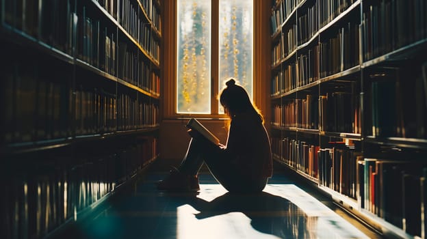 A student in a library, overwhelmed by the books. The towering bookshelves in the background adding to the atmosphere of pressure and academic stress. Neural network generated image. Not based on any actual person or scene.