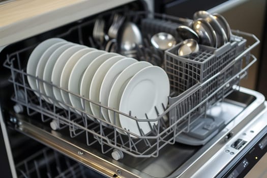 A dishwasher with many plates and silverware in it. Neural network generated image. Not based on any actual scene or pattern.