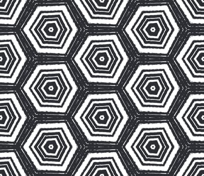 Striped hand drawn pattern. Black symmetrical kaleidoscope background. Repeating striped hand drawn tile. Textile ready modern print, swimwear fabric, wallpaper, wrapping.