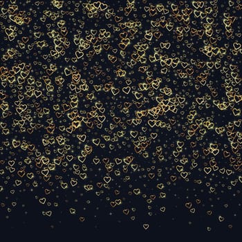 Heart confetti valentine overlay. Gold hearts scattered on black background. Joyfull heart confetti illustration