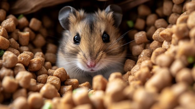 A hamster peeking out from a pile of food pellets