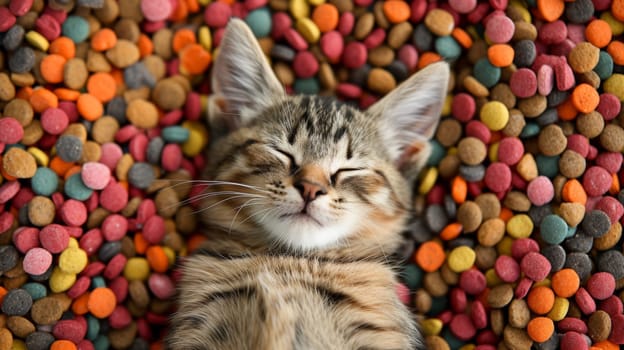A cat sleeping on a pile of colorful dog food
