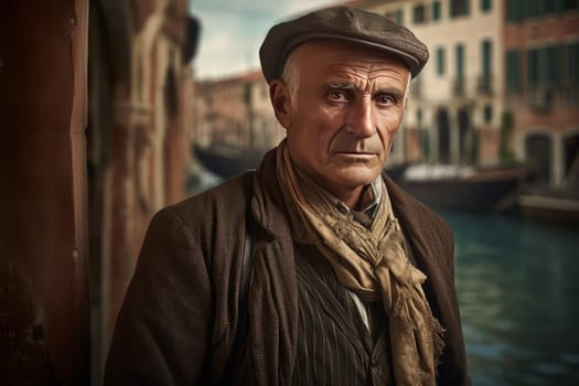 Historical Man old venice. Water canal travel. Generate Ai