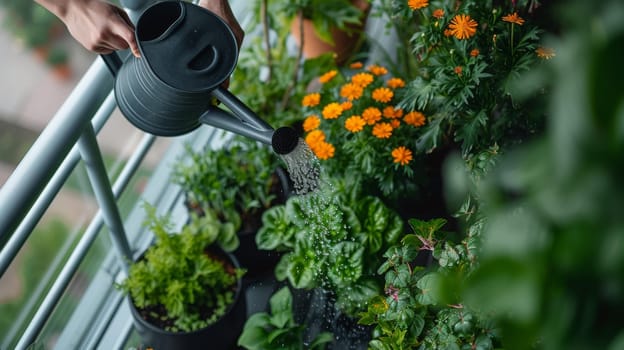 A person watering plants with a garden hose on the balcony