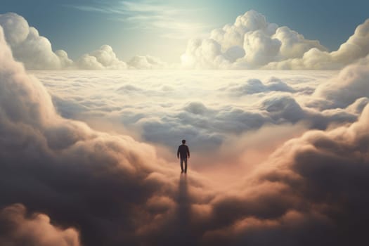 Man over clouds. Cloud creative surreal. Generate Ai
