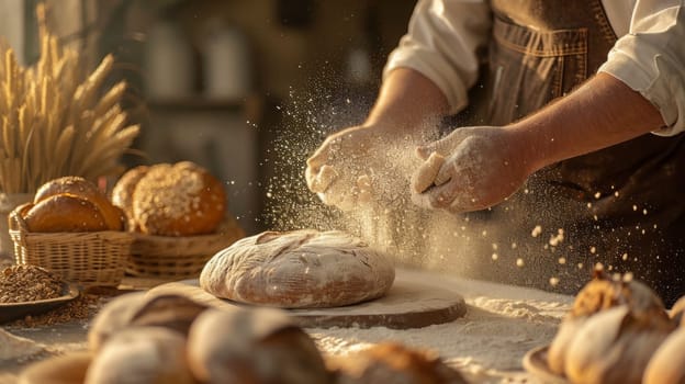 A man kneading bread on a table with other baked goods