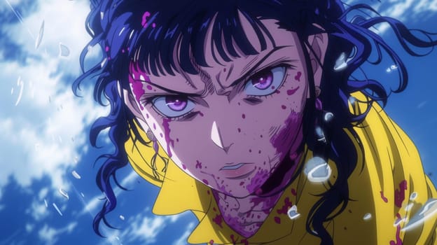 A anime character with purple hair and blood on her face