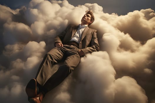 Serene Man over clouds. Cloud creative surreal. Generate Ai