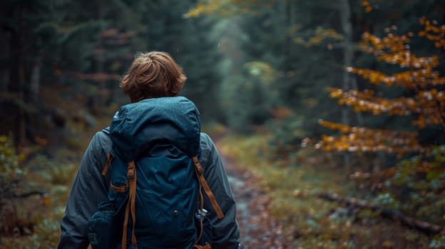 A person with a backpack walking down the trail in an area of trees