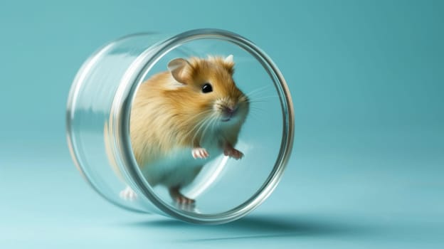 A hamster inside a glass bowl on blue background