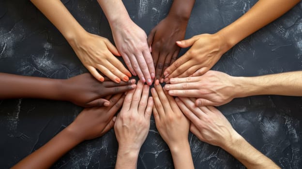 A group of people with different colored hands forming a circle