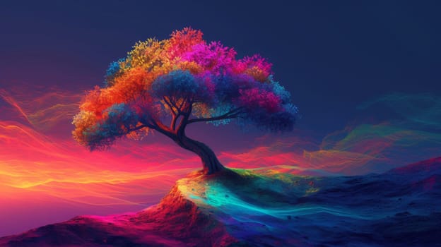 A colorful tree on a hill with mountains in the background
