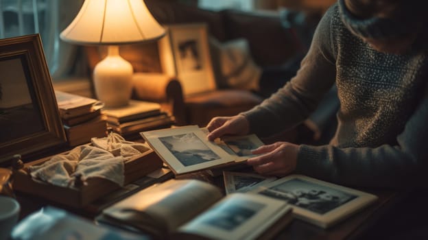 A person is looking at a book on the table with pictures