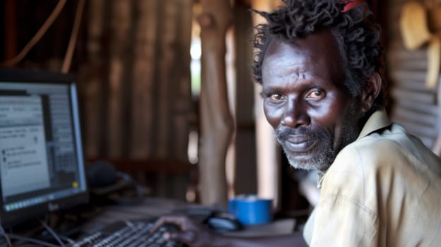 A man with dreadlocks sitting at a desk using his computer