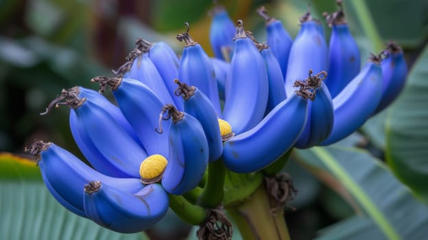 A close up of a blue flower with yellow center in the middle